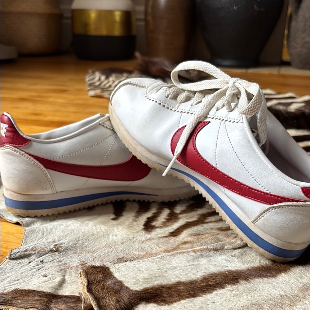 White and Red Sneakers with Blue Accents